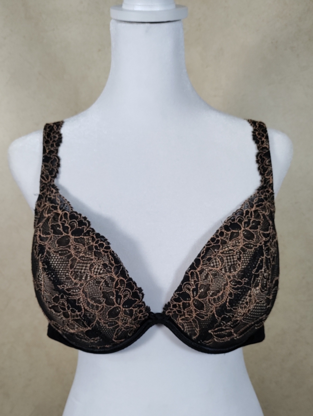 H191 Cacique Black & Tan Lace Plunge Underwire Bra 40C